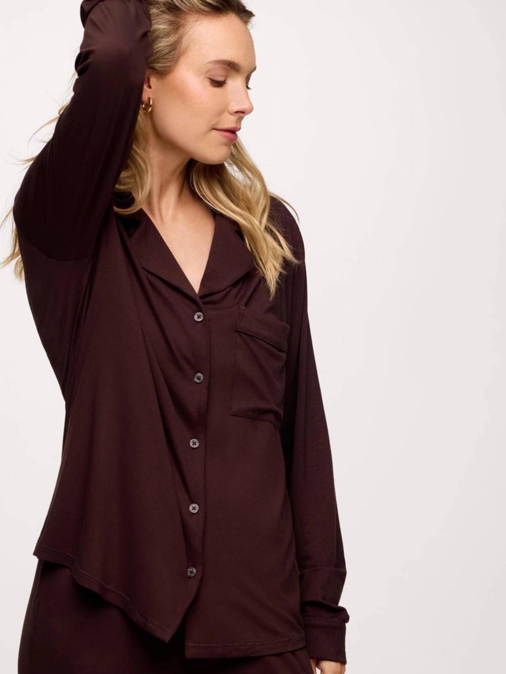 NUUDS LONG SLEEVE BUTTON-UP PAJAMA SHIRT IN ESPRESSO